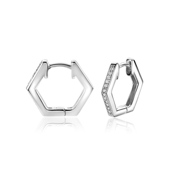 Zinzi Zilverkleurige oorringen in leuke hexagon vorm bezet met witte zirconia's