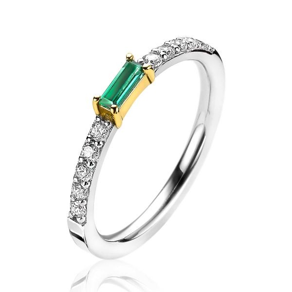 Zinzi - Zilveren Ring ZIR2133G56 Luxe Bicolor - Baguette Geslepen Groene Zirkonia