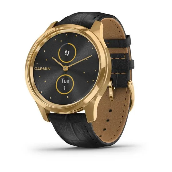 Garmin goudkleurige hybride smartwatches met zwarte polsband van Italiaans leer 010-02241-02