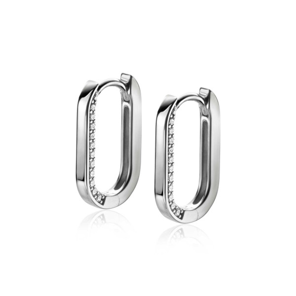 ZINZI Zilverkleurige luxe oorringen ovale vorm 20 mm zijkant witte zirkonia ZIO2319